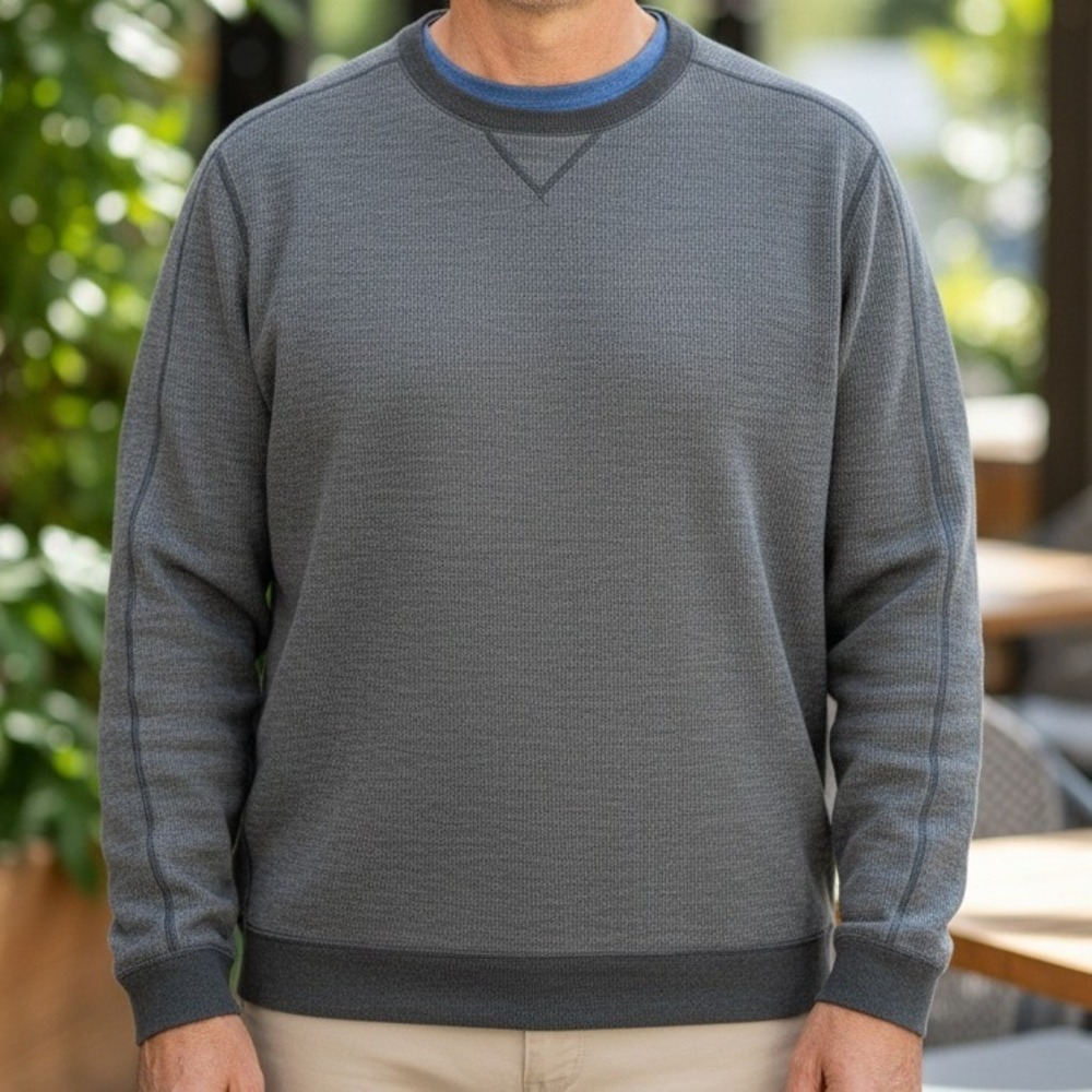 Tommy Bahama Mens Charcoal Gray Ribbed Crewneck Sweatshirt Marlin Logo Pullover